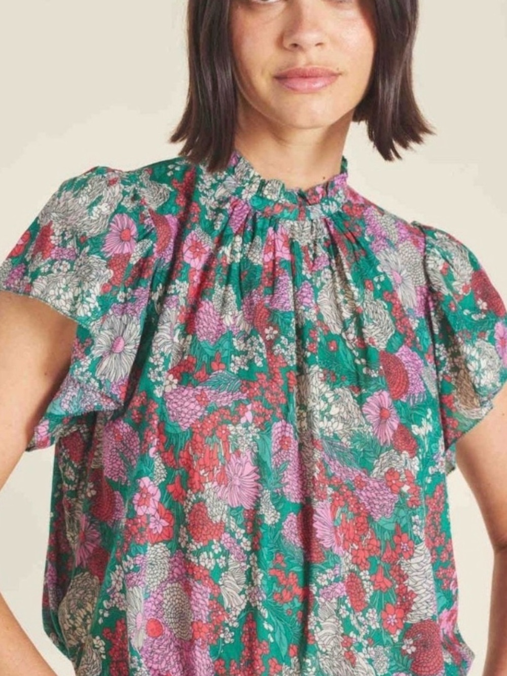 TROVATA  CARLA HIGHNECK BLOUSE  IN NOUVEAU GARDEN PRINT NWT XS 
USA MADE FABRIC